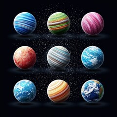 Nine realistic pixel-perfect solar system planets icons are depicted against a dark space background ideal for web design projects or home screen applications needing high-quality