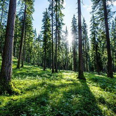 Sunlight streams through tall, majestic pine trees in a lush green forest, casting dd shadows on the vibrant undergrowth creating a serene and peaceful woodland scene.