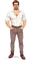 Stylish young man standing with hands in pockets in modern attire  