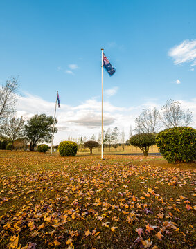 Australian flag moving in breeze with autumn eaves under flag pole