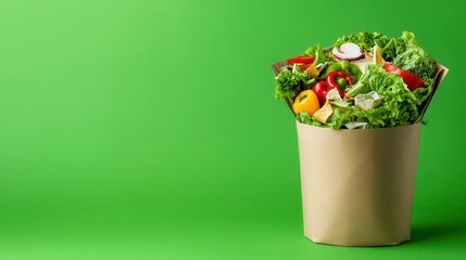 A fresh salad brimming with vibrant vegetables is neatly packed in a sustainable brown paper eco bag against a bright green background showcasing healthy eating and eco-conscious