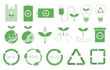 グリーンカラーでまとめたエコ・環境系のベクターアイコンセット（地球 リサイクル 電気 自然 再生可能）