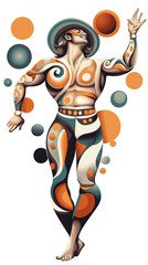 Stylized man juggling colorful spheres in abstract design  