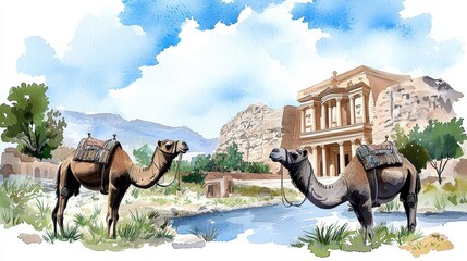 Two majestic camels stand patiently near a tranquil waterway with the breathtaking Al Khazneh Treasury of Petra in a stunning watercolor landscape painting showcasing ancient