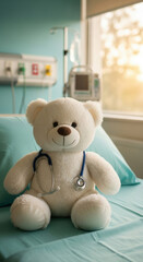 White toy teddy bear with stethoscope, sunlit hospital bed, modern pediatric room, child care, hope, healing, support, children medical concept, welcoming atmosphere. Childhood Cancer Awareness Month