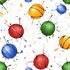 Seamless vibrant sports pattern featu colorful basketballs in a halftone style with paint splatter effects on a white background ideal for sportswear textile designs.