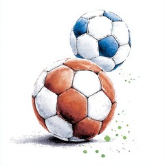 A vibrant illustration showcases two classic soccer balls in blue white and orange white color schemes playfully stacked together against a clean white background with subtle green