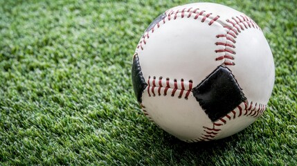 A high-angle close-up shot reveals a unique baseball-soccer hybrid ball resting on vibrant green artificial turf, showcasing intricate stitching and a striking design.