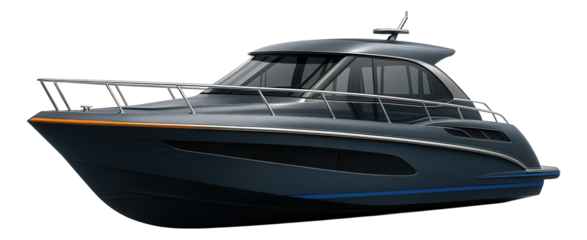 Motor yacht with a prominent bow and panoramic salon windows