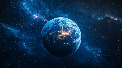 Obraz premium Glowing Earth with city lights visible from deep space, surrounded by cosmic nebula and stars.