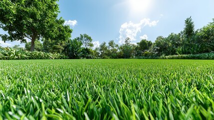 A vast expanse of lush green grass stretches under a bright sunny sky bordered by vibrant green trees and foliage creating a picturesque landscape perfect for relaxation and