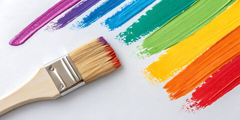 Vibrant Rainbow Paint Strokes with Pink Brush. A close-up view of colorful paint strokes,...
