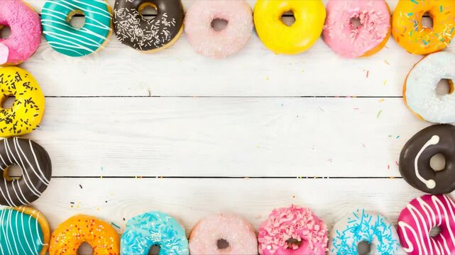 Assorted colorful donuts with icing and sprinkles form a border on white wooden boards. Bright, fun, and playful composition with empty space in the middle for text or design. Cheerful dessert.