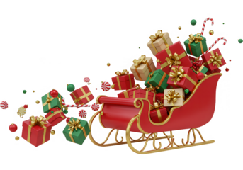 A festive red sleigh overflowing with colorful christmas gifts and candy canes on a transparent background