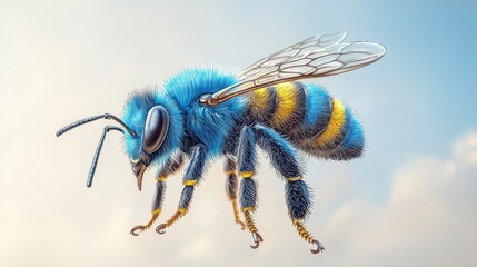 A vibrant blue and yellow cartoon bee joyfully buzzes against a soft, dreamy sky background, its fuzzy body rendered with exquisite detail and whical charm.