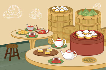 Dim sum restaurant interior with bamboo accents.