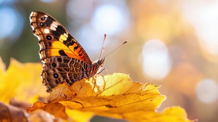 Obraz premium Butterfly with deep brown and orange wings perched on a yellowing oak leaf with a blurred forest background