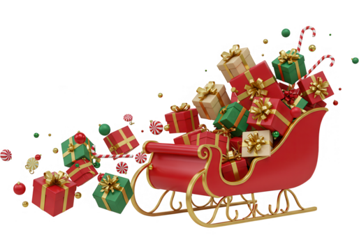 A festive red sleigh overflowing with colorful christmas gifts and candy canes on a transparent background
