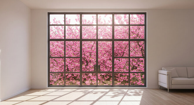 Bright room with large window showcasing blooming pink cherry blossoms, creating a serene and peaceful atmosphere, ideal for relaxation or spring themes