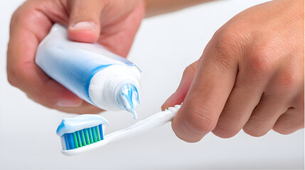 Hands squeezing toothpaste onto a toothbrush, bathroom morning routine feel, isolated on white background,
