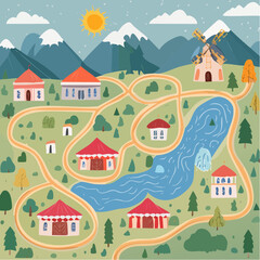 Vector countryside village colorful map with houses, fair, circus, farm, river and mountains. Kids game, rug template. Cute doodle town maze ...