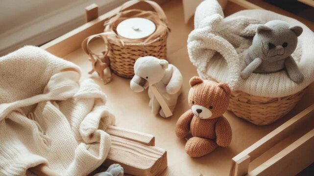 Soft stuffed animals and knitted clothes for baby kids