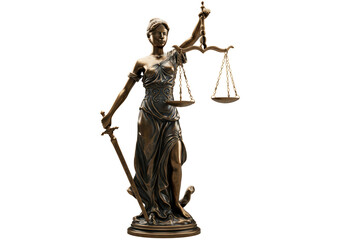 Isolated Bronze Statue of Justice with Scales and Sword