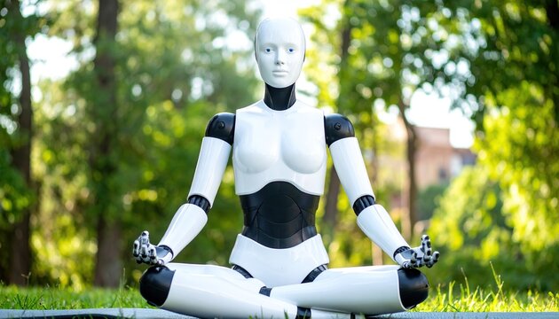 humanoid robot AI agent meditating in the lotus position