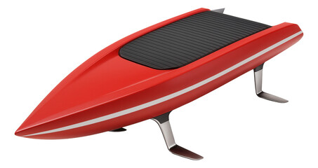 Red-and-white catamaran with pointed bow and submerged hydrofoils