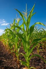 Obraz premium Verdant cornfield stretching across landscape, sunlight illuminating lush green stalks against brilliant azure sky backdrop