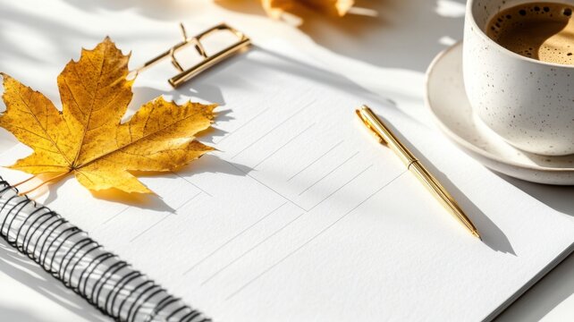 A serene autumn-themed productivity setup with a blank calendar, gold clip, pen, yellow maple leaf, and a minimalist coffee cup