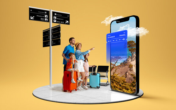 Family at the airport interacts with a giant phone showing a scenic destination. Concept of online travel platforms and services, digital tourism and booking apps. 3D island composition