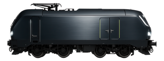 Electric locomotive with a curved roofline, integrated lights, and side access doors