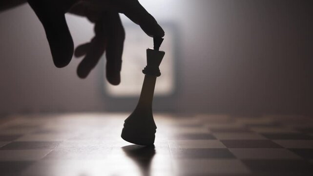 A person gently touches a chess piece with his index finger, rocking it slightly