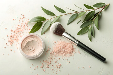 Natural Powder Makeup with Fresh Greens for a Natural Look.A high-angle, flat lay image of a container of loose powder makeup, a makeup brush, and fresh eucalyptus leaves on a light sage-green surface