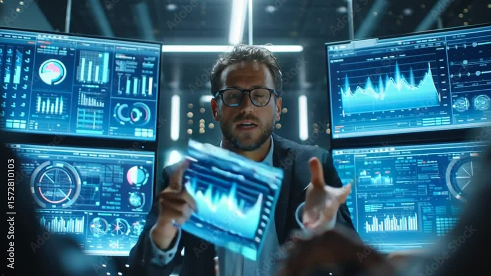 Poster analyst discusses data insights in a modern office environment generative ai