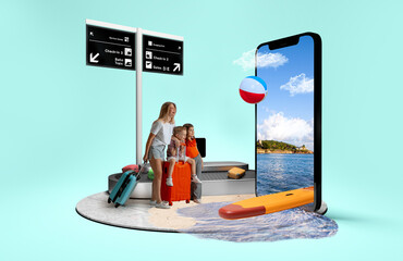 Mother and kids at baggage claim watch an ocean scene spill from a huge smartphone screen. Concept...