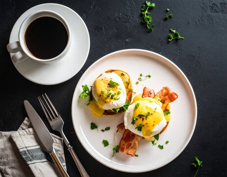 Dramatic flat lay food photography of a gourmet breakfast. Dark, moody lighting creating deep shadows and strong contrasts. Showcase a perfectly cooked eggs benedict, a side of crispy bacon, and a str