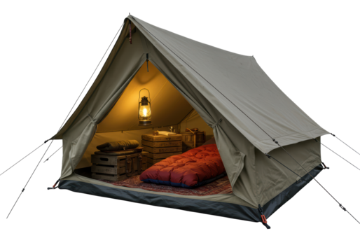 Isolated Camping Tent with Lantern and Rustic Interior