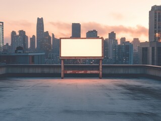 A blank billboard stands on a rooftop overlooking a sprawling cityscape at dusk.