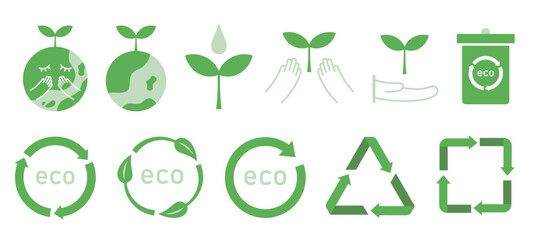 グリーンカラーでまとめたエコ・環境系のベクターアイコンセット（地球 リサイクル 電気 自然 再生可能）