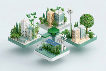 カーボンニュートラルの街のアイソメトリック3D模型