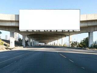 A blank billboard stands above a highway overpass, providing space for advertising.