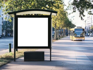 A bus stop shelter with a blank billboard stands on a city street, with a bus approaching in the background.