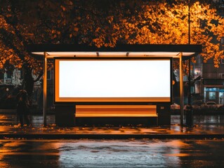 Empty billboard on a city bus stop at night, under trees with autumnal leaves, in a rainy setting.