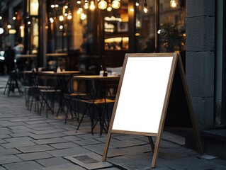 Blank sandwich board sign stands outside a warmly lit, inviting restaurant at night.