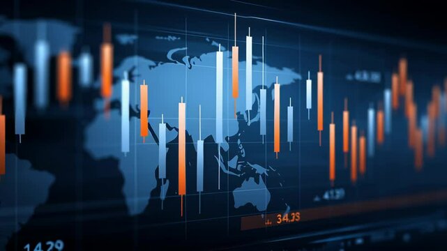 Global market tariff trade war. Digital stock market chart with candlestick bar graph overlay world map background showing financial data and global trading trends blue and orange