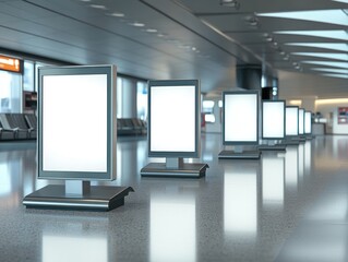 Blank advertising displays line an airport terminal's waiting area, showcasing potential for impactful marketing campaigns.