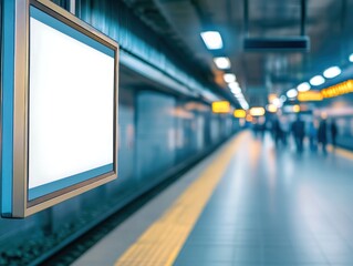 Blank billboard ad space in a subway station with blurred people in the background.