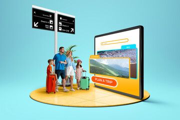 Modern family of four looking at vacation options displayed on a giant phone. Concept of digital...